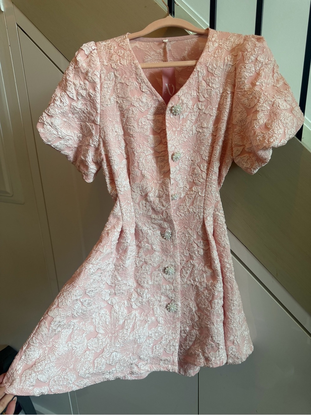 Girls' Pink Floral Jacquard Party Dress with Decorative Buttons